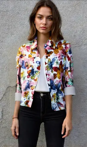 Vintage Colorful Butterfly Print Eyelet Jacket 90s Blue Size 10