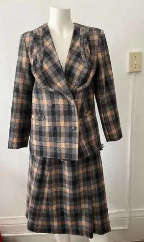 Vintage 80s beige green ruffled wool rustic plaid checkered skirt suit w/scarf S Tan Size M