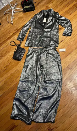 A New Day NWT Loungewear Matching Set Blazer Trousers Pullover Pewter Shiny Metallic thumbnail 6