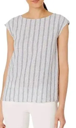 Max Studio  White Blue Vertical Striped Linen Sleeveless Tank Top Shirt Button L