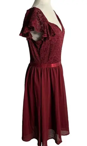 MissMay Retro Lace Chiffon Swing Dress L Wine Red Flutter Sleeve Lined Zip NEW Size L