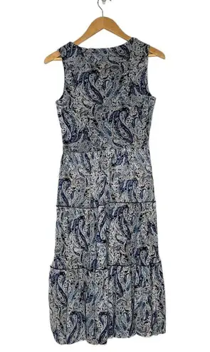 Tahari New Paisley Fit Flare Tiered Sleeveless V-Neck Dress Blue XS
