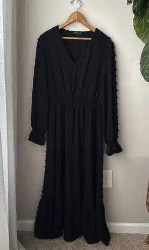 PRETTYGARDEN Black Long Sleeve Neck Button Smocked Swiss Dot Flowy Maxi Dress