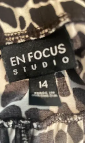 Enfocus Studio Brownish/Black V-Neck Cow Print Midi Dress, size 14