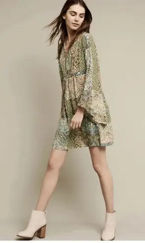 Anthropologie NWOT Green Floreat Dress Amelie 100% silk Kimono Style Boho size 4