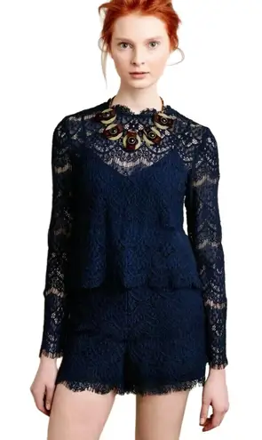Saylor Anthropologie Navy Blue Long Sleeve Lace Layered Coquette Romper XS