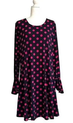 Est. 1946  Dress Dark Blue Pink Polka Dots Long Bell Sleeves Swing Large NEW