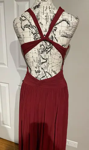 BCBGMAXAZRIA Wine Pleated Fit Flare Crisscross Open Back Colorful Coquette Formal Evening Prom Burgundy 