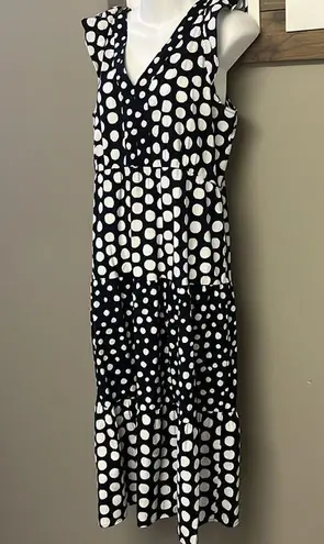 Loft  Navy White Polka Dot V-Neck Ruffled Flowy MIDI Dress- Medium