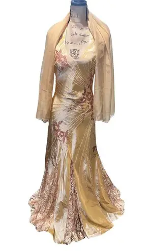 Bicici Designer Beaded Halter Gown Formal Embroidered Champagne Gold & Shawl Size 4