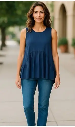 Diane Gilman -New DG2 Sleeveless Pleated Overlay Blouse Womens Plus L Navy Blue