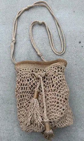 The Sak Brown Golden Crocheted Woven Tasseled Bucket Bag Medium Sized