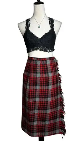Vintage Red Knit Plaid Tartan Fringe Wrap Midi Skirt XXS | Retro Holiday