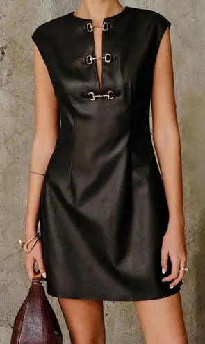 Commense PU Leather Metal Buckle Sleeveless Mini Dress size Medium Black