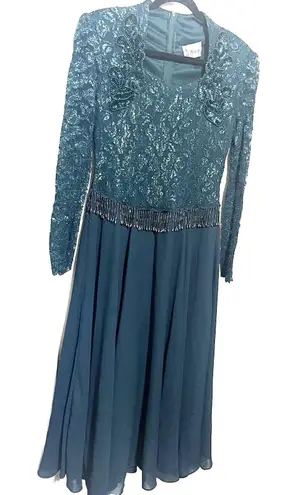 Vintage Green Cocktail Dress Sequins Beaded Midi Full Skirt Gown Sz 6/8