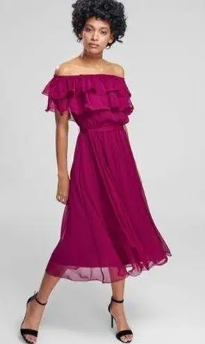 TRENDYOL MİLLA Plum Carmen Collar Midi Dress Off the Shoulder Ruffle Size 40/L Size L