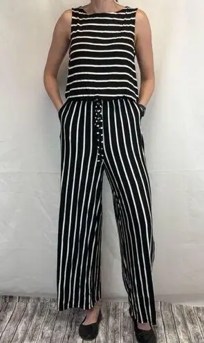 Zenana Outfitters Women's Black White Striped Jumpsuit Romper Pockets Tie XL Extra Large