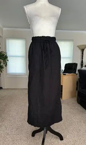 Black Elastic Waist Midi Skirt With Drawstring & Back Slit