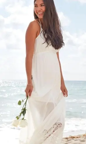 Motherhood Maternity Lace Hem Boho Maxi Dress in White size Small, NWOT