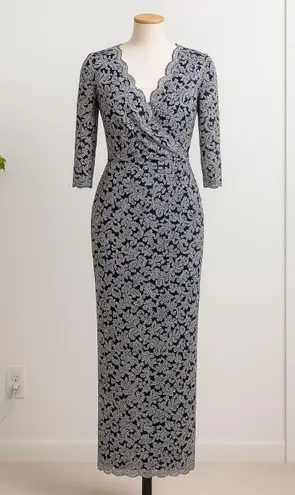 Jessica Howard Womens Dress Size 8 Navy Silver Maxi Lace Formal Classic Chic
