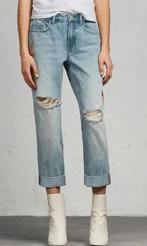 ALLSAINTS Alana Embroidered Bird Distressed Boyfriend Jeans in Blue/Pink Size 26