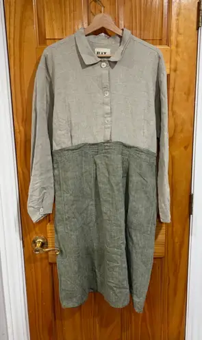 Flax  Angelheart Linen Midi Dress Lagenlook Pocket Artsy Green Beige Large - Image 1