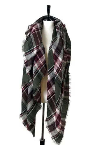 Blanket Scarf Wrap Shawl Square Fringe Olive Green Pink Multi Plaid Women’s