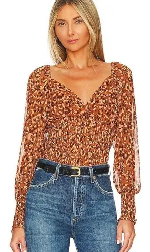 Steve Madden  Leopard‎ Print Smocked Top Blouse Long Sleeve Brown Size Medium New