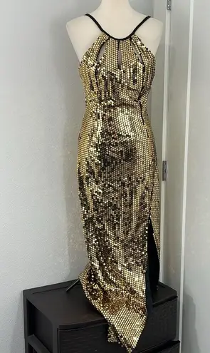Vintage Nadine Size 9 Gold Sequin Formal Halter Neck Backless Dress