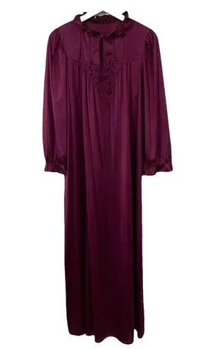 Vtg LORRAINE Size M Nightgown Burgundy Satin Silky Romantic Ruffle Neck Keyhole