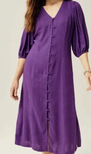 J. Jill Viscose Linen Blend Midi Dress Purple Puff Sleeve Button Small Petite Size undefined