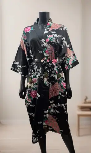 Black Satin Floral Peacock Kimono Robe Belted One Size Singapore