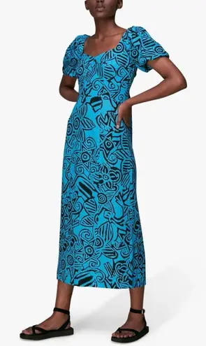 Whistles NEW Starflower Linen Blend Puff Sleeve Midi Sheath Dress Blue