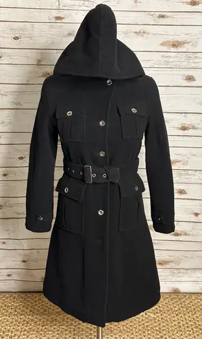 London Fog classic witchcore gothic black wool hooded belted overcoat Size 12