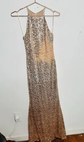 Badgley Mischka Gold High Neckline Sleeveless Sequin FLAWED Maxi Dress sz 2