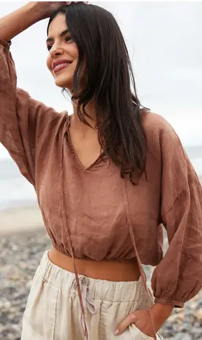 Bella Dahl Linen Tie Front Peasant Top Terracotta Brown Size M