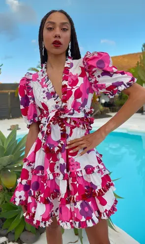 CeliaB Obsidiana Ruffle Puff Sleeve Mini Dress XS Pink Red Floral NWT White