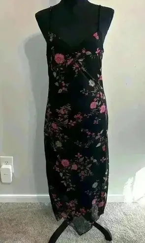 CDC Y2K Spaghetti Strap Black Red Floral Slip Dress Mesh V Neck Size 8