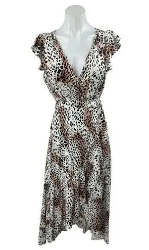 Kivari White Tan Leopard Print Short Sleeve Ruffle Fit & Flare Maxi Dress Size S