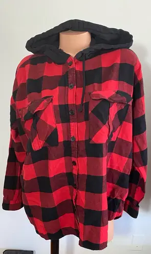 H&M  Buffalo Check Unisex Red and Black Plaid Hooded Shirt Size M - Image 1