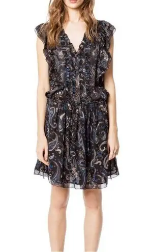Zadig & Voltaire Rimana Paisley Mini Ruffle Beaded Dress Navy Blue Bohemian sz S