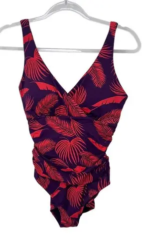 Boden One Piece Swimsuit Ruched Tropical Palm Leaf Print Purple Red US 8