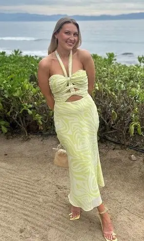 RONNY KOBO X RTR Green Printed Knotted Neckline Waist Cutout Dress Size 4