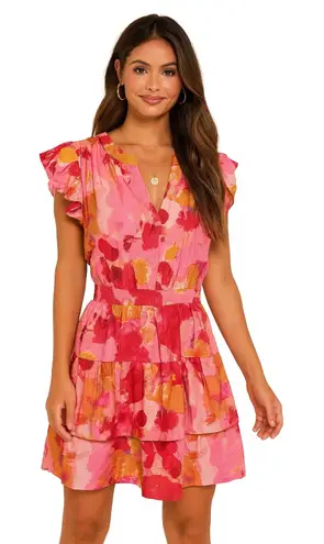 PINCH Women's Pink Gold Watercolor Ruffle Sleeve Tiered midi Dress Cinched Waist