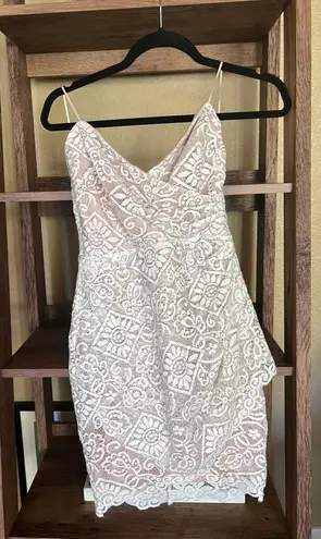 Lush Clothing White and Blush Strapless Lace Mini dress