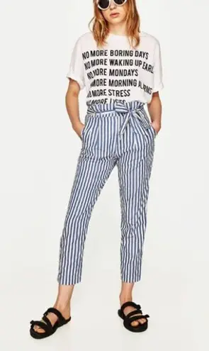 ZARA  Trafaluc Pinstripe Paperbag Woven Trousers Blue and White Size XS