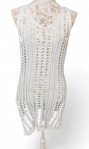 White Open Knit Crochet Sleeveless Cover Up Dress Size M Boho Cottage Core Size M