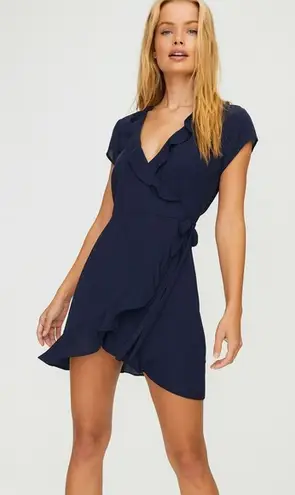 Aritzia Sunday Best Ruffle Wrap Chiffon Navy Mini Dress Size 2 Blue