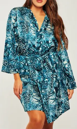 iCollection Blue Cheetah Leopard Silky Kimono Wrap Robe Plus Size 3X Green
