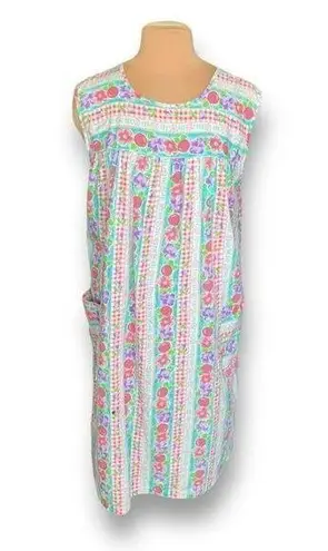 Vintage 80s Dress Colorful Fruit Floral Red Gingham Checkered Tropical Print Blue Size M